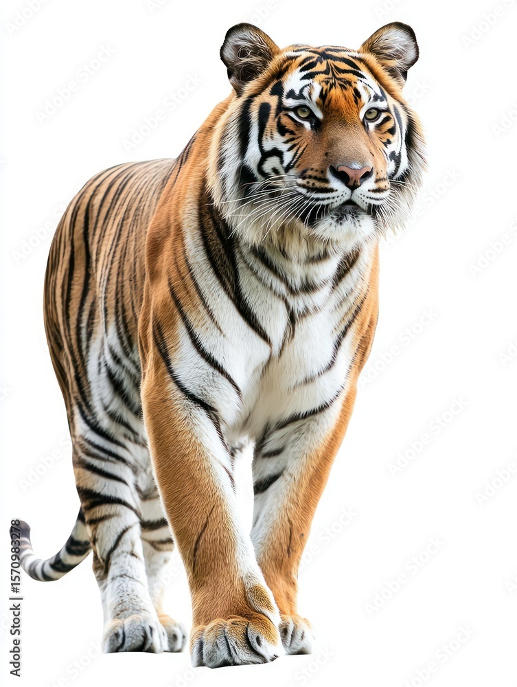 Fototapeta premium Striped tiger walking towards viewer, isolated
