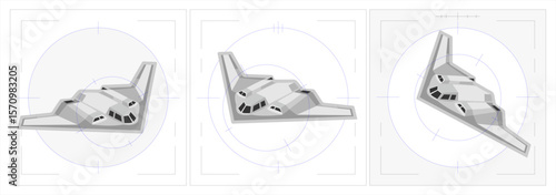 3D Angled Vector of B2 Stealth Bomber – Isometric Military Aircraft, Illustration of B2 Stealth Bomber in Target Lock Scope. Futuristic Military Aircraft Top View with Combat Radar HUD Overlay