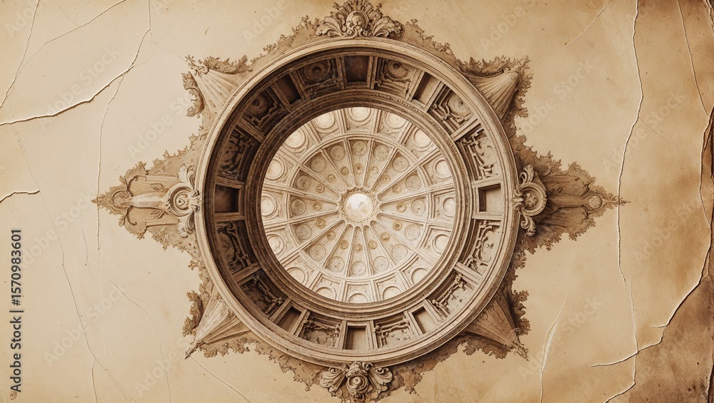 Featuring circular coffered dome with central oculus in baroque hall, reliefs, moldings and cracks Featuring circular coffered dome with central oculus in baroque hall, reliefs, moldings and cracks