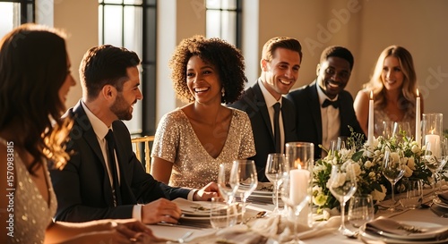 Happy Diverse People Celebrating and Dining at an Elegant Formal Event with Warm Lighting