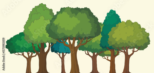 A diverse group of stylized green trees with brown trunks and branches