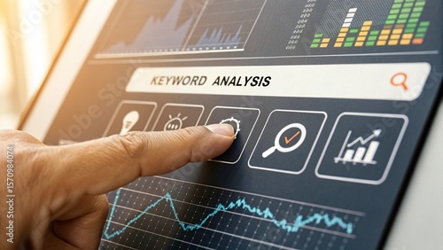 Navigating keyword analysis, a finger taps the screen for digital marketing strategies and business growth using online search data.