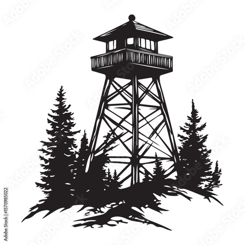 Fire Lookout Tower silhouette, Wooden Observation Tower with Stairs and Fence, Lookout tower silhouette,  