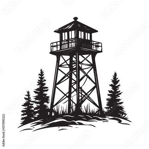 Fire Lookout Tower silhouette, Wooden Observation Tower with Stairs and Fence, Lookout tower silhouette,  