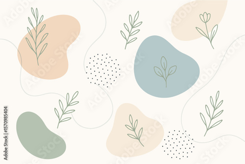 Abstract background with a calming beige palette, featuring organic shapes, delicate leaves, and dot patterns. Ideal for presentations, backgrounds, and design projects.