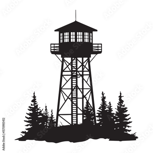 Fire Lookout Tower silhouette, Wooden Observation Tower with Stairs and Fence, Lookout tower silhouette,  
