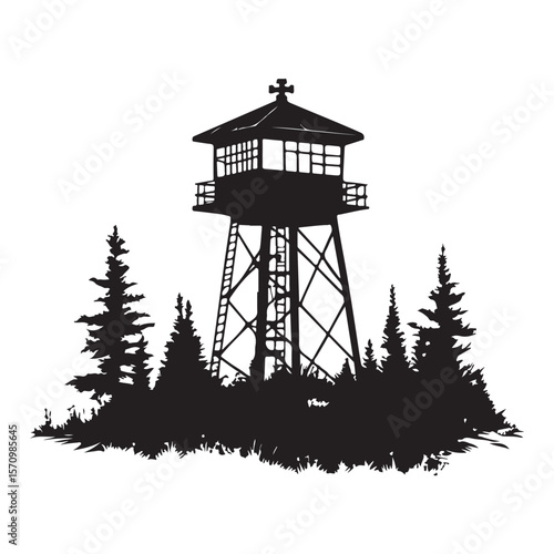 Fire Lookout Tower silhouette, Wooden Observation Tower with Stairs and Fence, Lookout tower silhouette,  