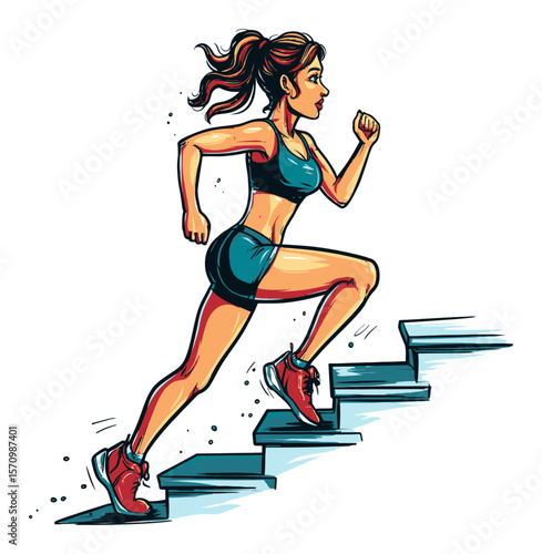Energetic Woman Running Up Stairs in Vibrant Vector Illustration Style