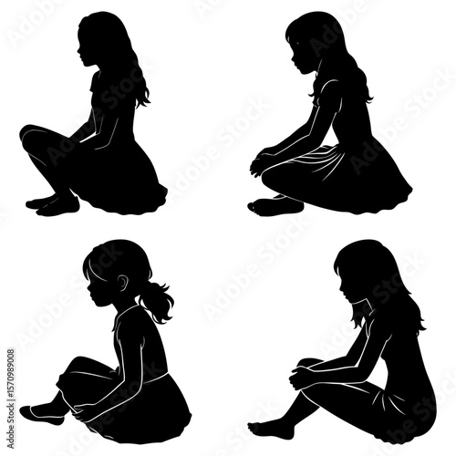 Silhouettes of four girls sitting in different poses with dresses in a black and white illustration