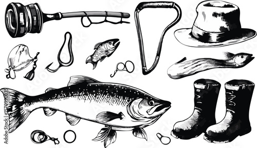Monochrome Fishing Equipment Illustration with Fish Rod Boots and Hat