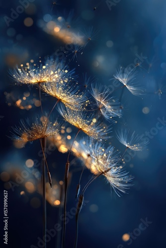 Glowing dandelion seed heads disperse in a dark blue, bokeh-filled background, illuminated with golden light; ethereal and magical