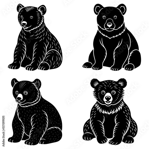 Illustration of four black bear cubs sitting in different poses on a white background art design