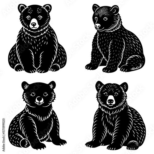 Four black bear cubs sitting in different poses with detailed fur texture and cute facial expressions