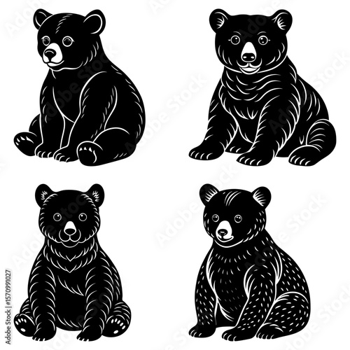 Four black bear cubs sitting upright in a symmetrical arrangement on a white isolated background design