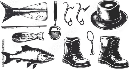 Vintage Fishing Equipment and Apparel in Black and White Style