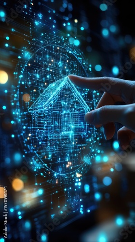 Wallpaper Mural A finger touches a glowing, futuristic home grid structure in a tech display with bokeh Torontodigital.ca