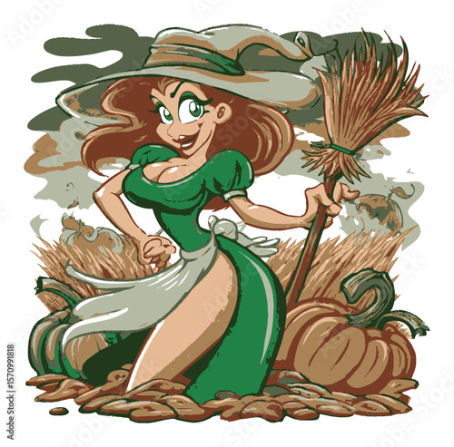 Cartoon Woman in Green Dress Standing Among Pumpkins and Haystacks