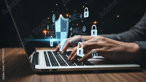 Person typing on laptop with digital security icons and a shield