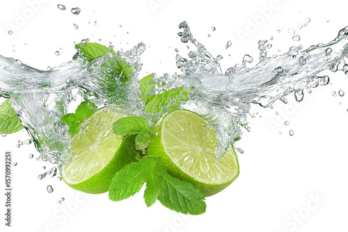 Refreshing water splashing over sliced limes and fresh mint leaves isolated on white background