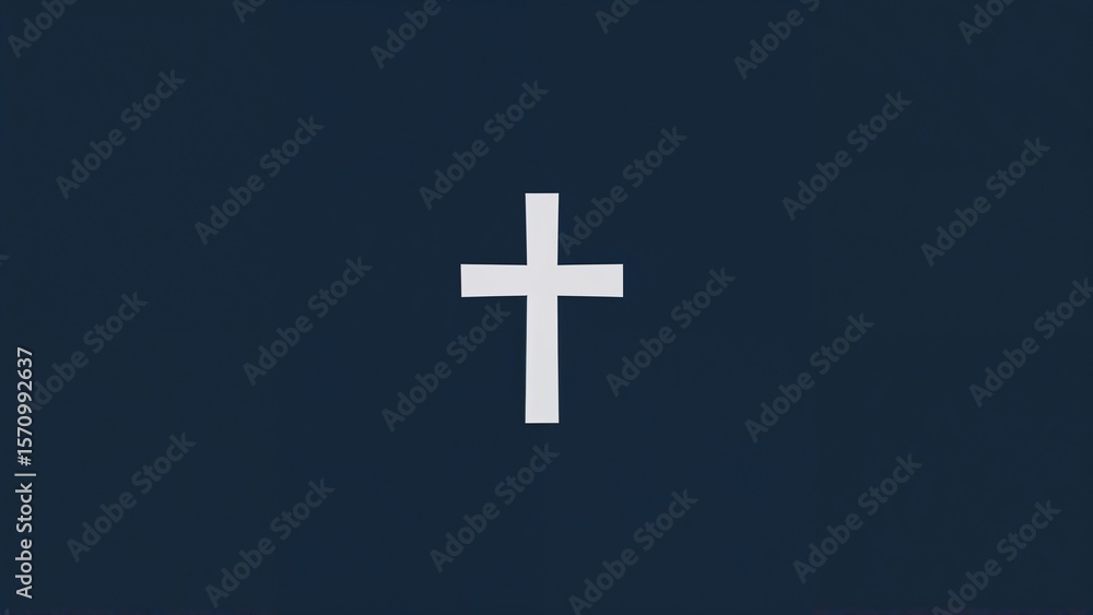 Fototapeta premium Displaying white cross symbol occupying center of dark navy-blue canvas, with graphic simplicity