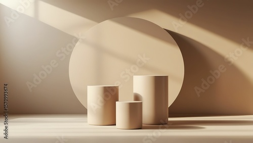 Minimalist beige podiums with soft shadows and circular backdrop