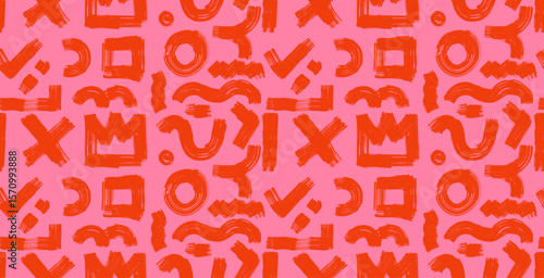 Seamless pattern abstract shapes, arrows, brush drawn bold squiggles. Vector collage design. Template colored childish doodle grunge elements. Punk girly style, ink, spirals, naive geometric figures.