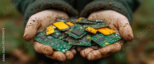 Wallpaper Mural Hands holding green circuit boards. Electronic waste recycling and sustainability concept Torontodigital.ca