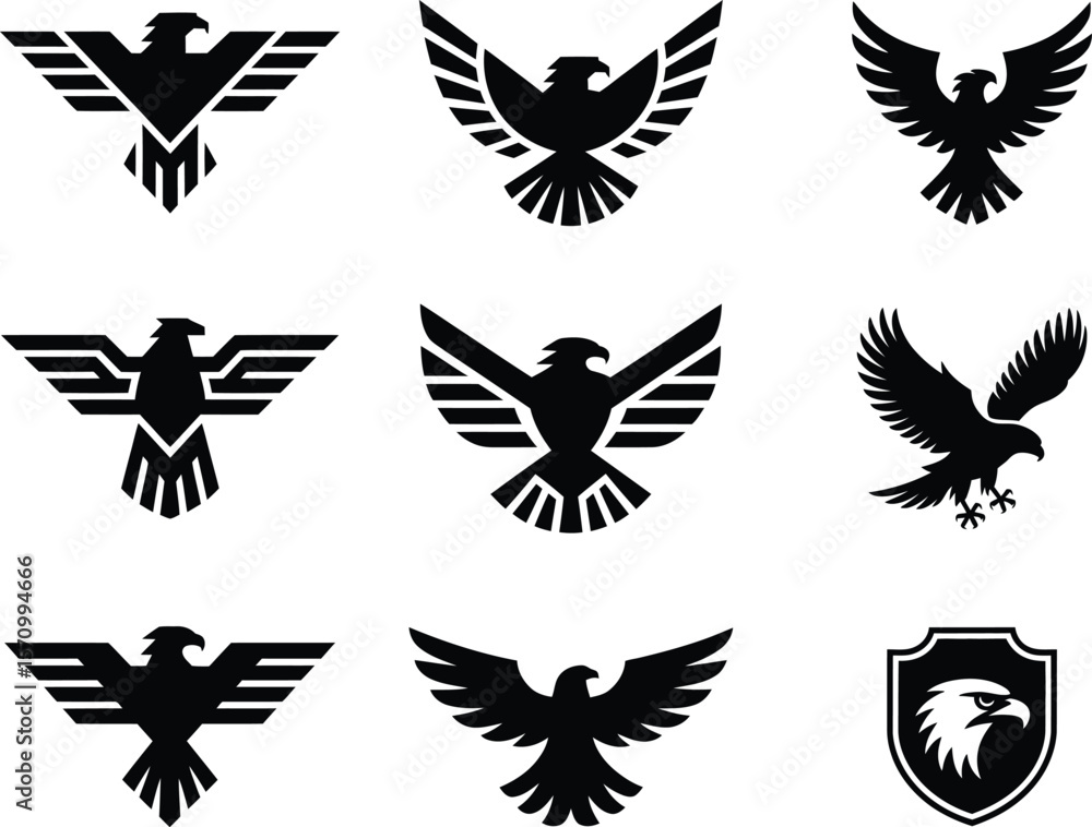 Eagle Vector Icons Collection in Silhouette Style on White Background silhouette Eagle Vector Icons Collection in Silhouette Style on White Background silhouette
