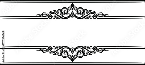 Decorative frame with ornate swirls and straight lines in black ink