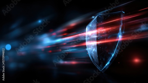 Cyber security concept with shield and light trails in digital environment