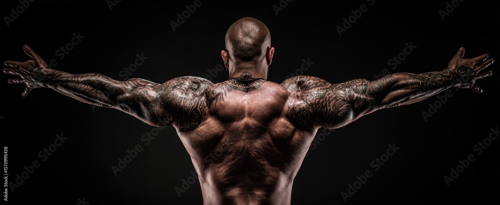 Obraz premium The powerful figure showcasing muscular definition and intricate tattoos against a dark backdrop.