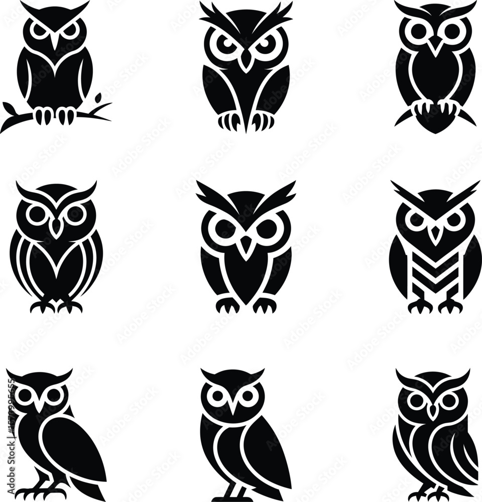 Fototapeta premium Collection of Nine Different Owl Illustrations in Black Silhouette Style