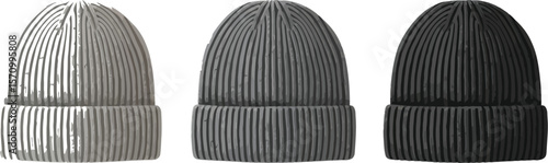 Three knitted beanies in light gray dark gray and black on white background