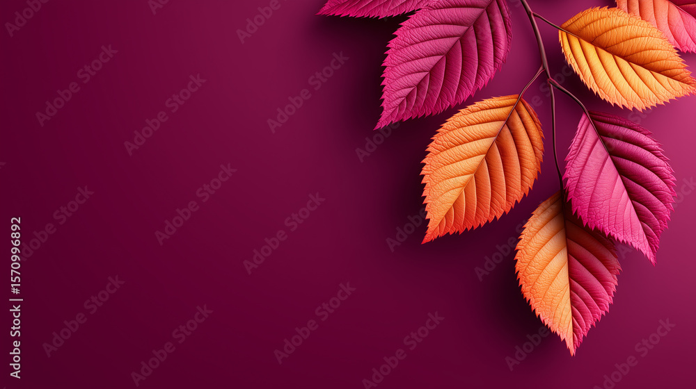 Obraz premium Colorful autumn leaves branch art design, vibrant foliage detail on deep plum background