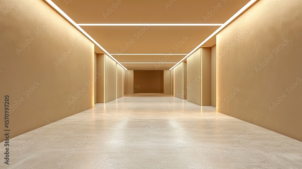 Fototapeta premium A tan corridor with even lighting shows a minimalist, modern interior
