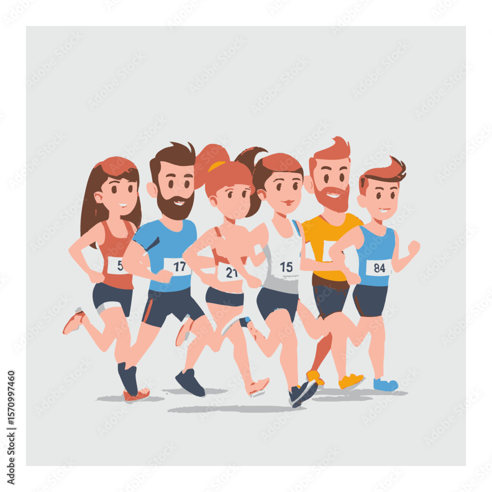 Obraz premium Group of Cartoon Runners Competing in a Fun Run Event