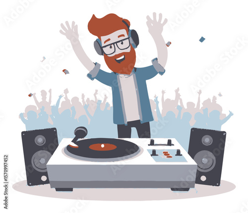 Joyful Cartoon DJ Mixing Music at a Live Event with Cheerful Crowd