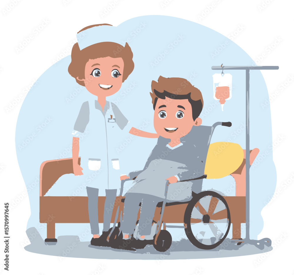 Friendly Nurse Assisting Patient in Wheelchair in Hospital Cartoon Vector Friendly Nurse Assisting Patient in Wheelchair in Hospital Cartoon Vector