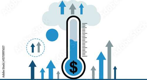 Increasing revenue growth illustration with thermometer and arrows showing business success rate
