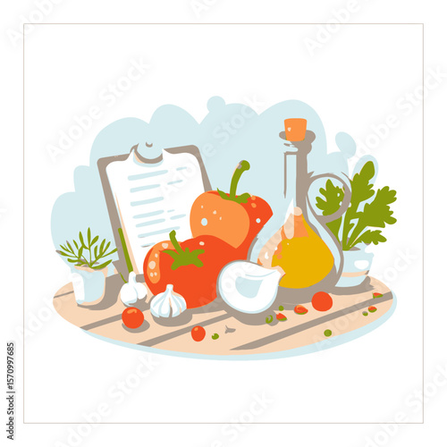 Colorful Kitchen Ingredients and Recipe on Wooden Table in Vector Style