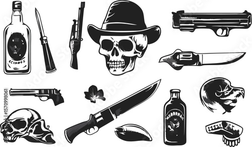 Monochrome Tattoo Style Illustration Featuring Skulls Guns Knives and Liquor