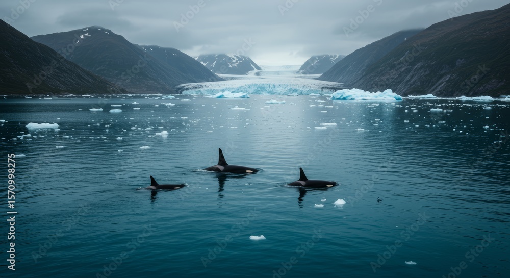 Obraz premium Orcas Swimming in Glacial Fjord
