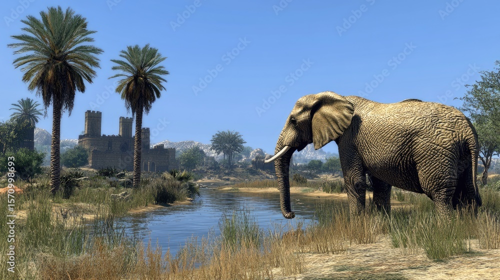 Fototapeta premium Elephant near a calm river with palm trees and a building in the distance on a sunny day