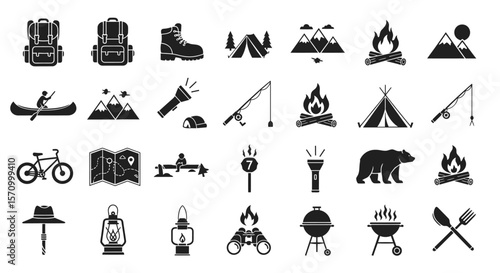 Outdoor Adventure and Camping Solid Icon Set