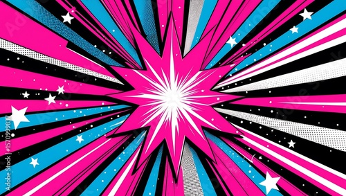 Explosive starburst background with pink blue and black rays and white stars