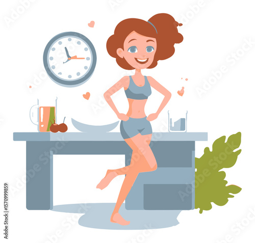 Energetic Cartoon Girl in Sportswear Preparing Healthy Drinks at Home
