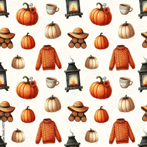 Cozy seamless pattern with watercolor sweaters, pumpkins, coffee cups, and lantern on a white background. Ideal for fall greeting cards, autumn wrapping paper, and seasonal content.