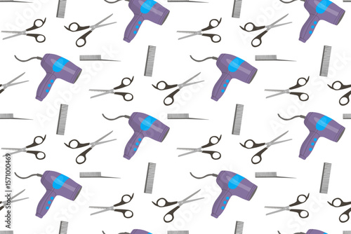Colorful seamless pattern of hair salon tools including hair dryers, scissors, and combs in a vector illustration. The repetitive design showcases essential hair styling equipment.