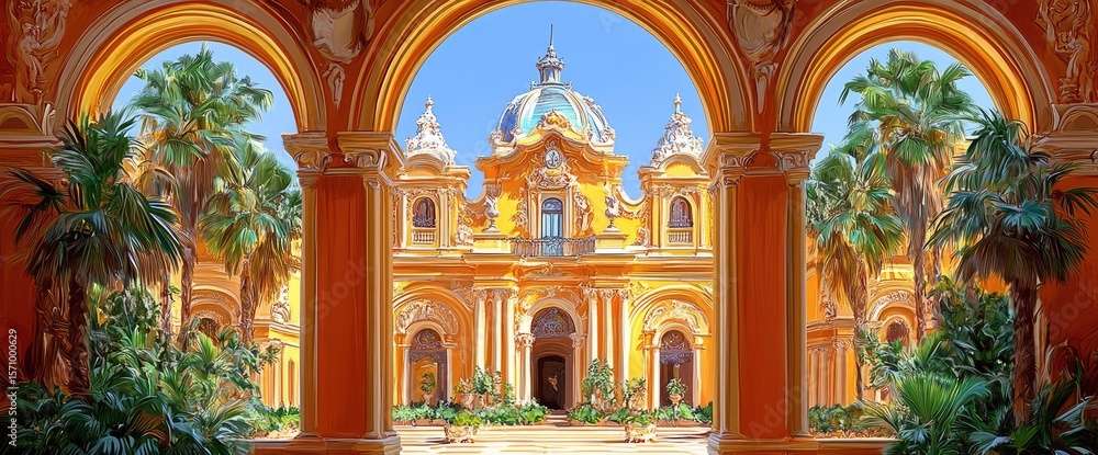Obraz premium Ornate palace seen through arches, with palm trees and greenery surrounding courtyard