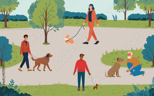 Vector illustration of people enjoying leisure time walking dogs in a scenic park. Diverse individuals interact with pets, showcasing a sense of community and outdoor enjoyment.